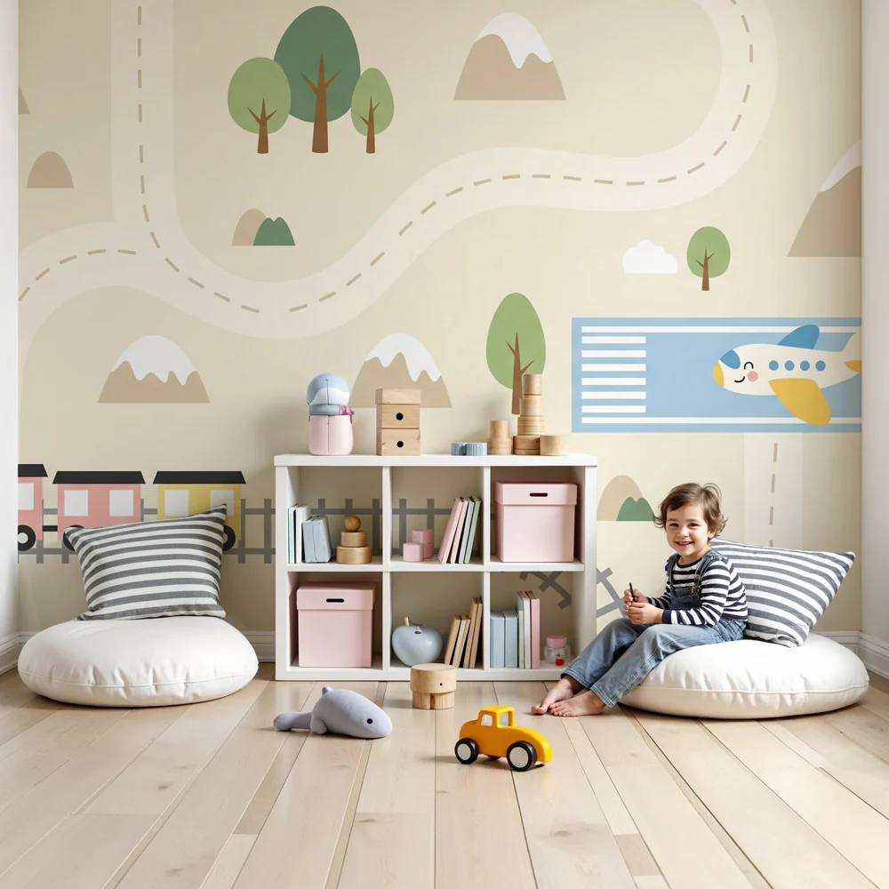 Kinderzimmer Tapete | Abenteuer auf Schienen und der Luft