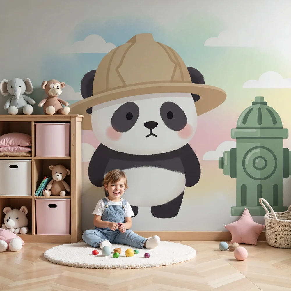 Kinderzimmer Tapete | Abenteuerlicher Panda und Hydrant