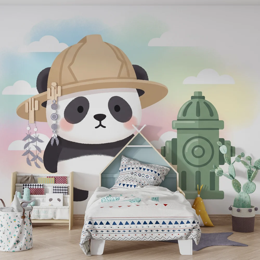 Kinderzimmer Tapete | Abenteuerlicher Panda und Hydrant