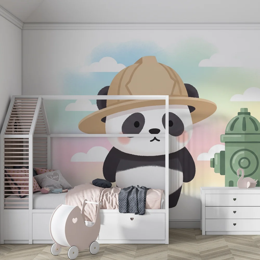 Kinderzimmer Tapete | Abenteuerlicher Panda und Hydrant
