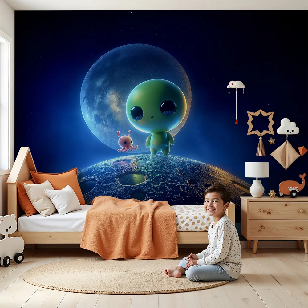 Kinderzimmer Tapete | Außerirdische Freunde auf dem Mond