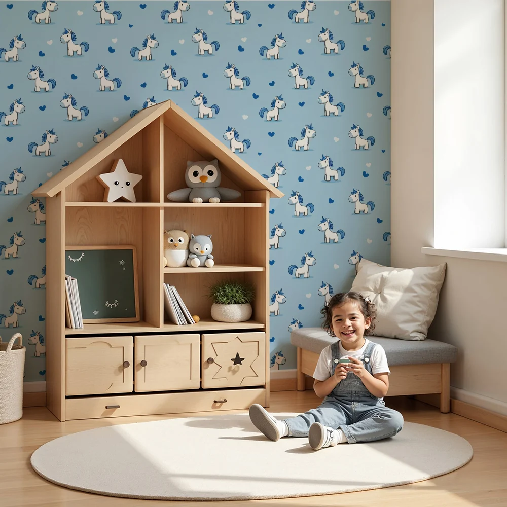 Kinderzimmer Tapete | Blaue Einhörner und Herzen