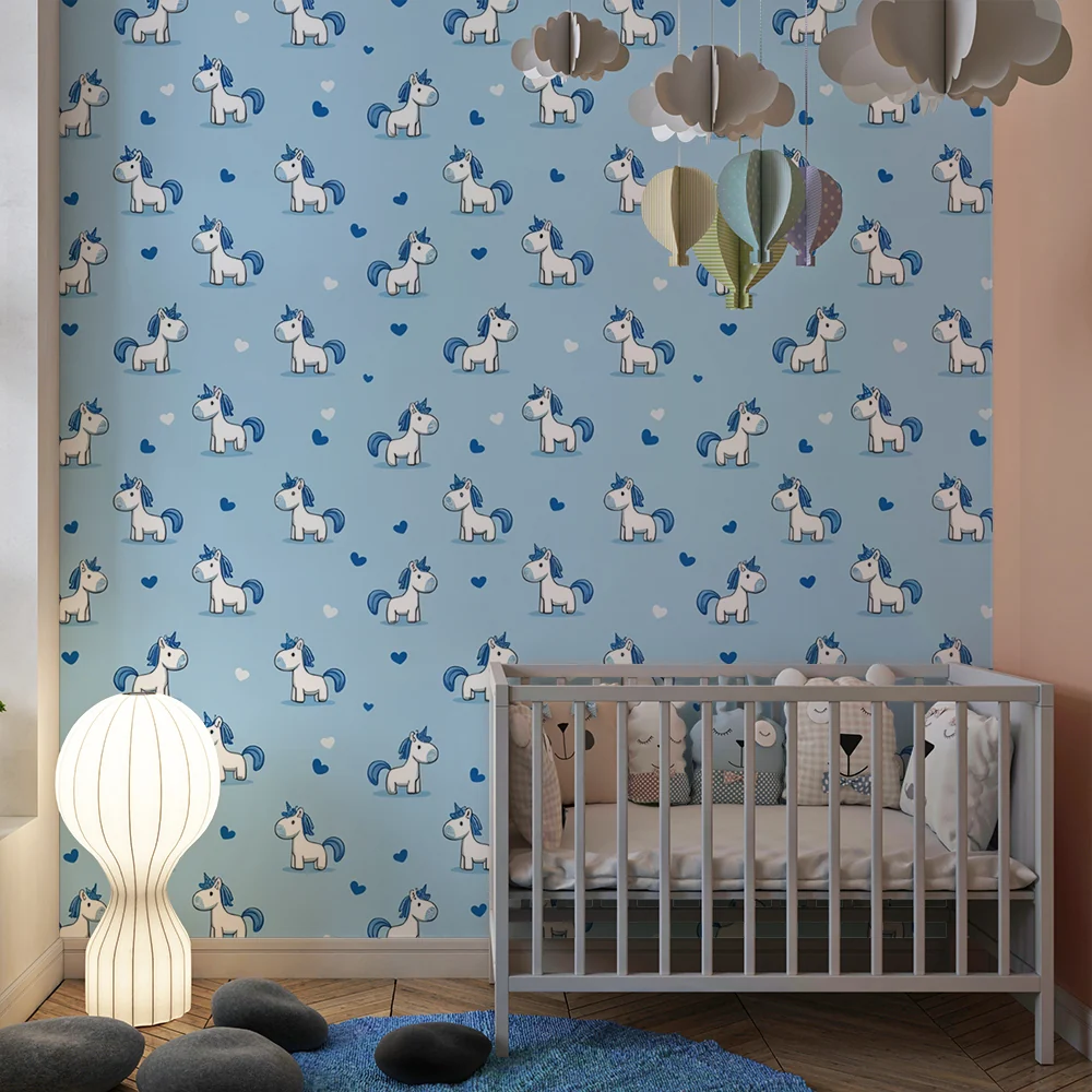 Kinderzimmer Tapete | Blaue Einhörner und Herzen