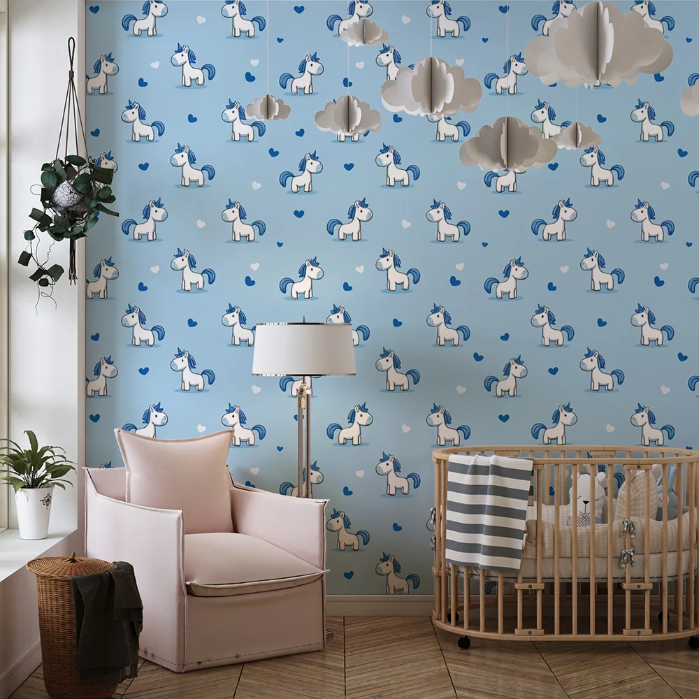 Kinderzimmer Tapete | Blaue Einhörner und Herzen
