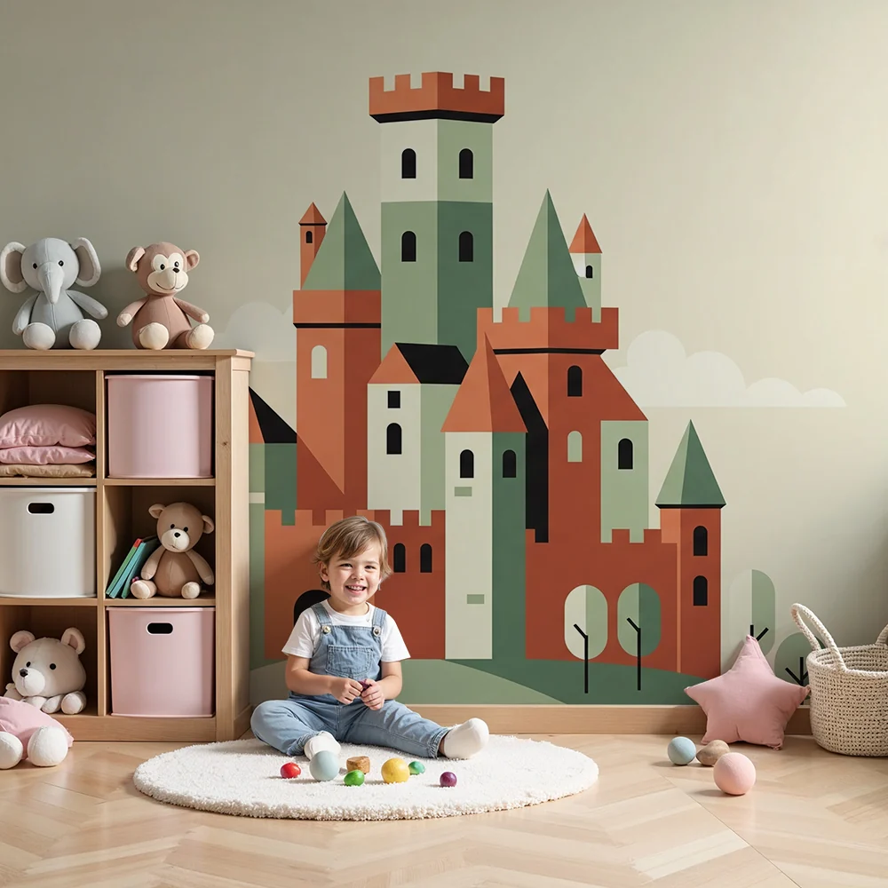 Kinderzimmer Tapete | Bunte Burg auf einem sanften Hügel