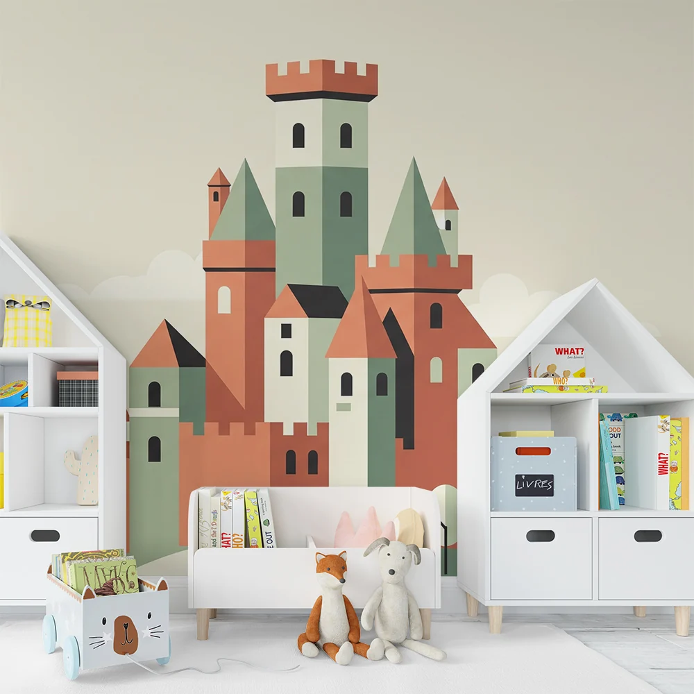 Kinderzimmer Tapete | Bunte Burg auf einem sanften Hügel