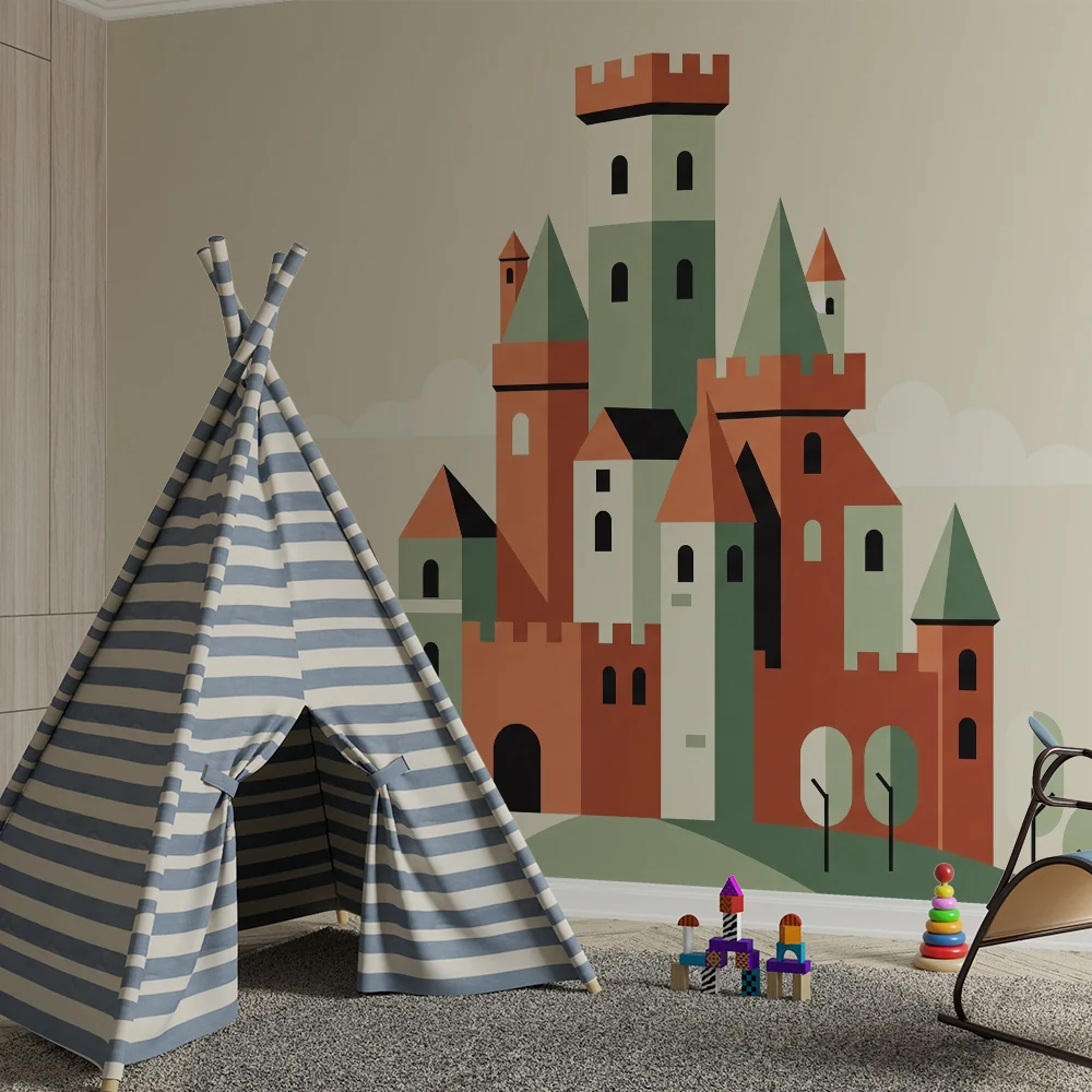 Kinderzimmer Tapete | Bunte Burg auf einem sanften Hügel