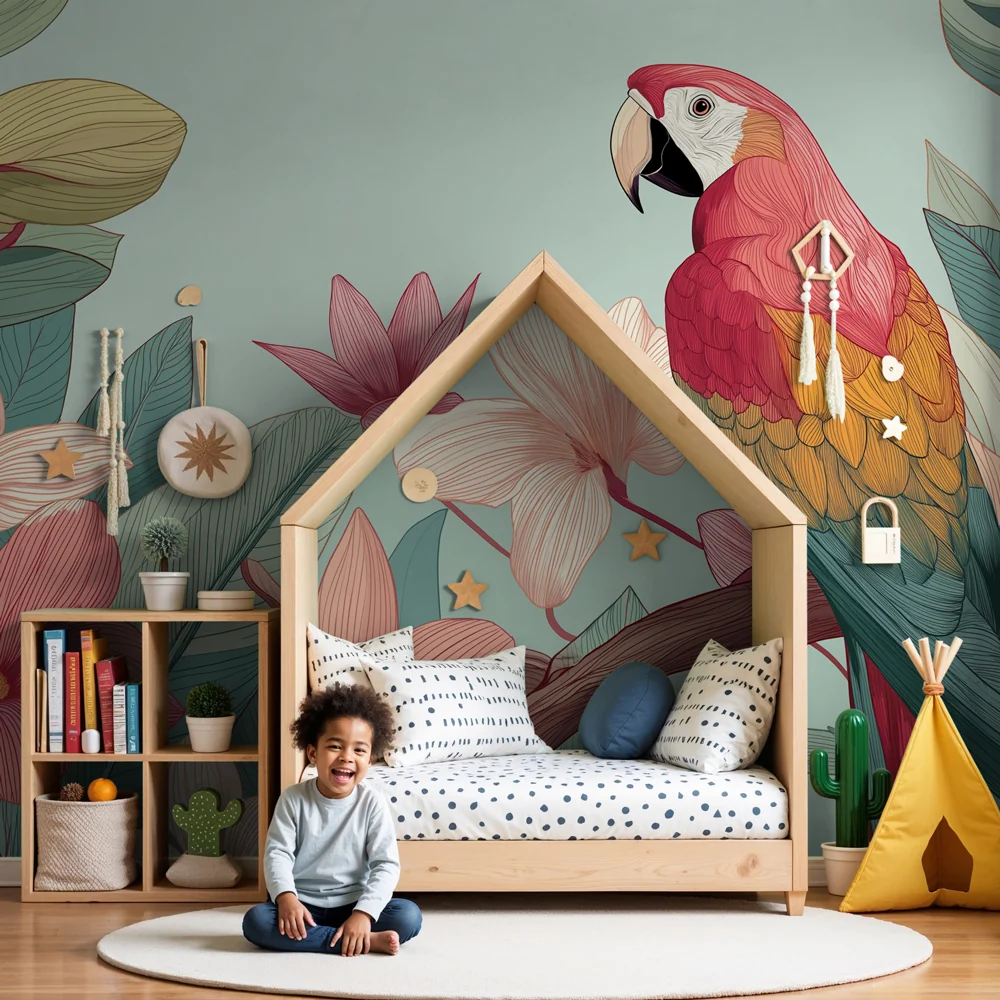 Kinderzimmer Tapete | Bunter Papagei unter exotischen Blumen