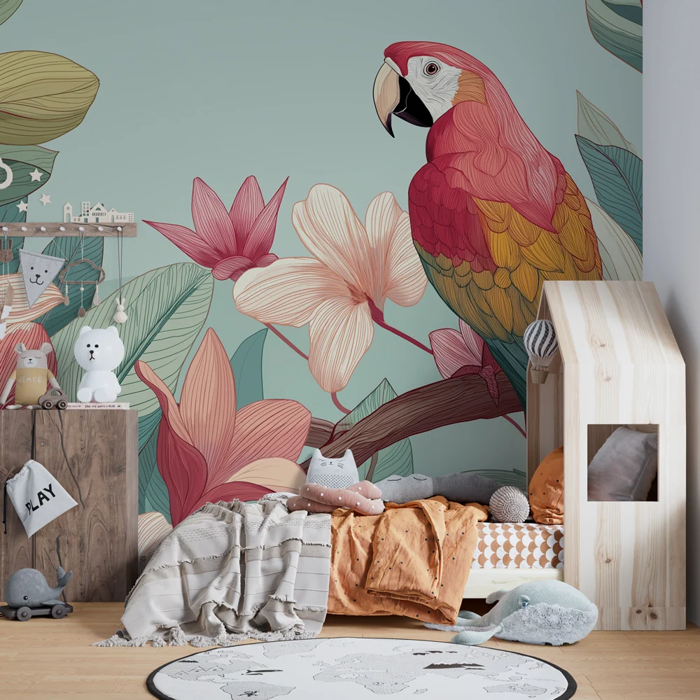 Kinderzimmer Tapete | Bunter Papagei unter exotischen Blumen