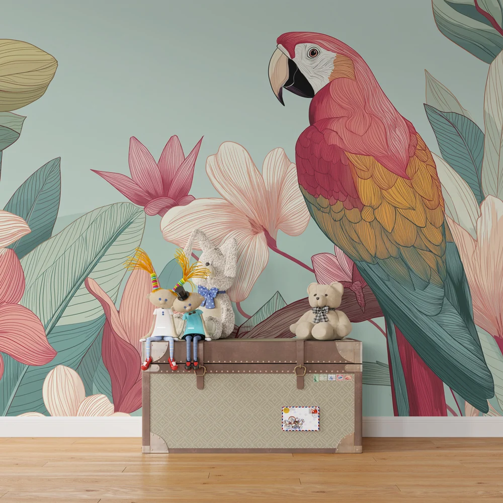 Kinderzimmer Tapete | Bunter Papagei unter exotischen Blumen