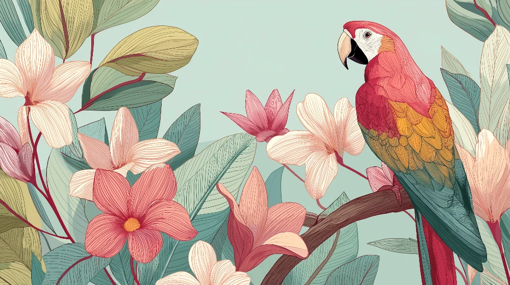 Kinderzimmer Tapete | Bunter Papagei unter exotischen Blumen