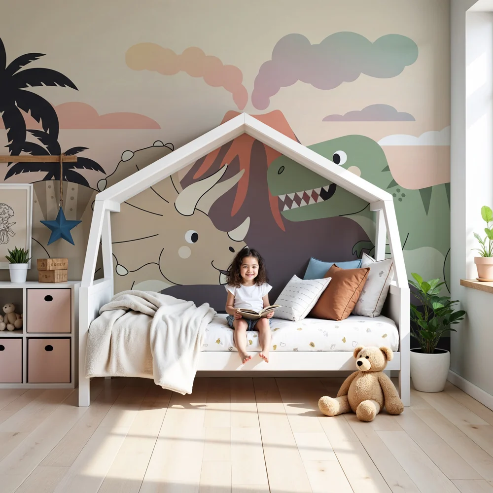 Kinderzimmer Tapete | Dino-Abenteurer am Vulkan