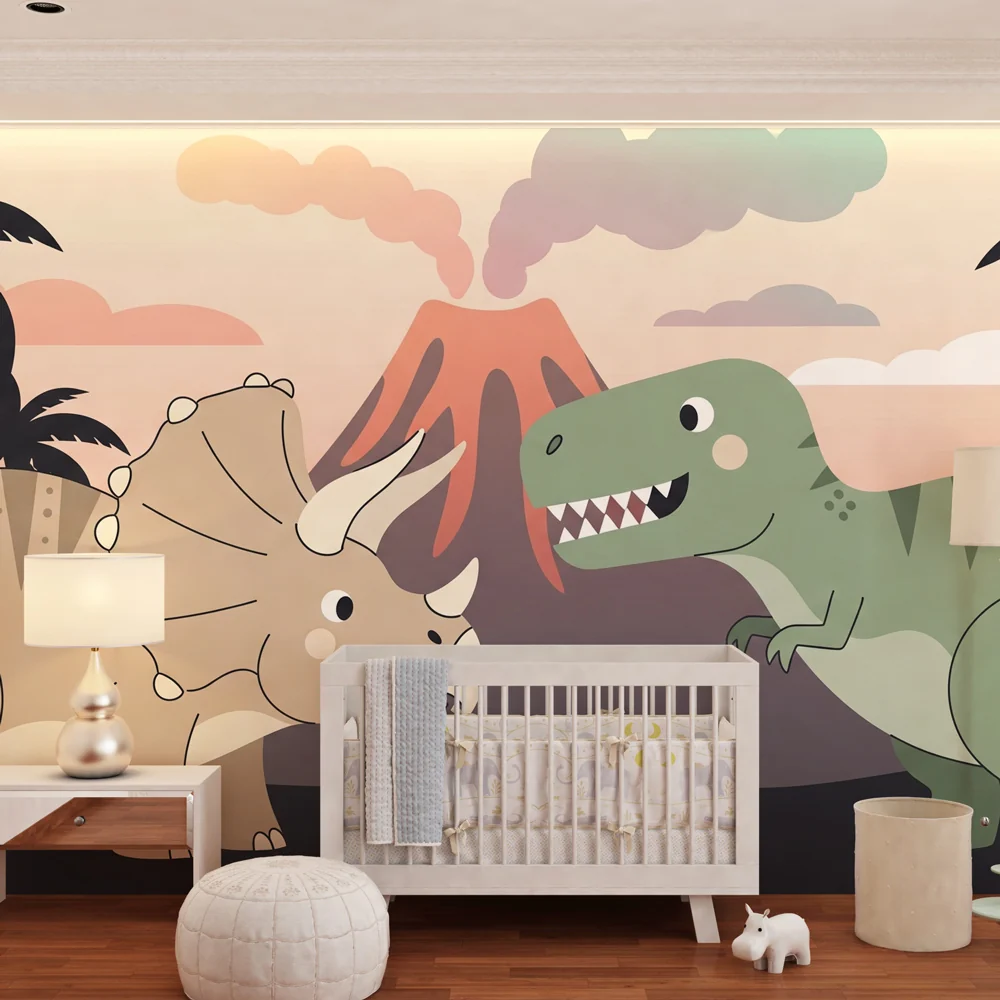 Kinderzimmer Tapete | Dino-Abenteurer am Vulkan