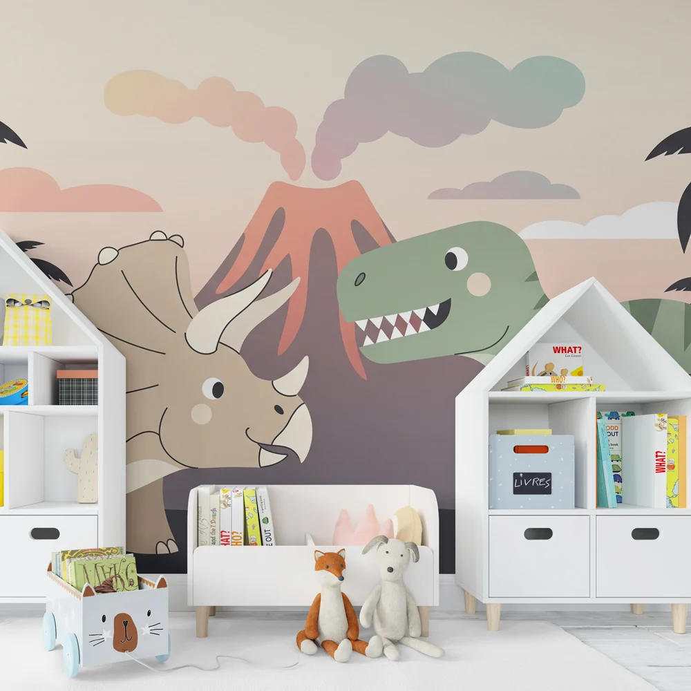 Kinderzimmer Tapete | Dino-Abenteurer am Vulkan