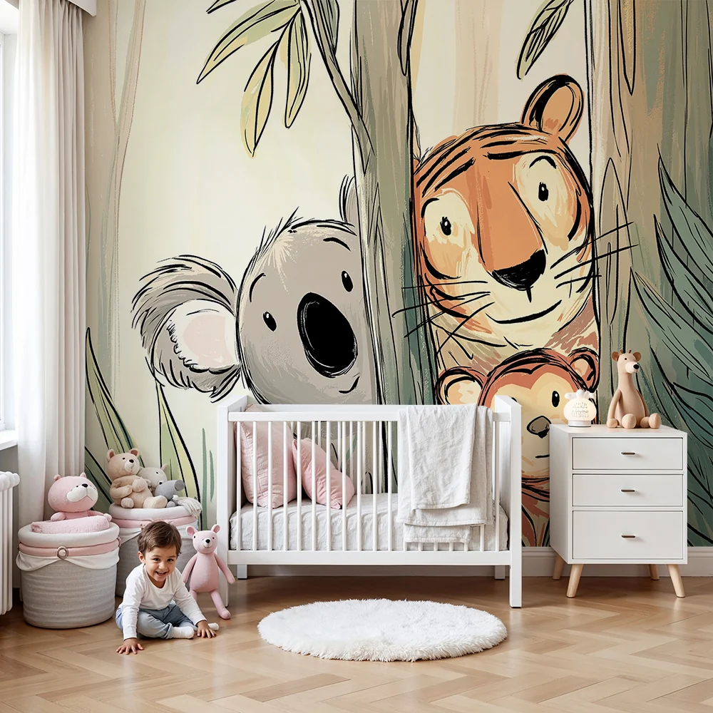 Kinderzimmer Tapete | Dschungeltiere Koala, Tiger und kleiner Affe
