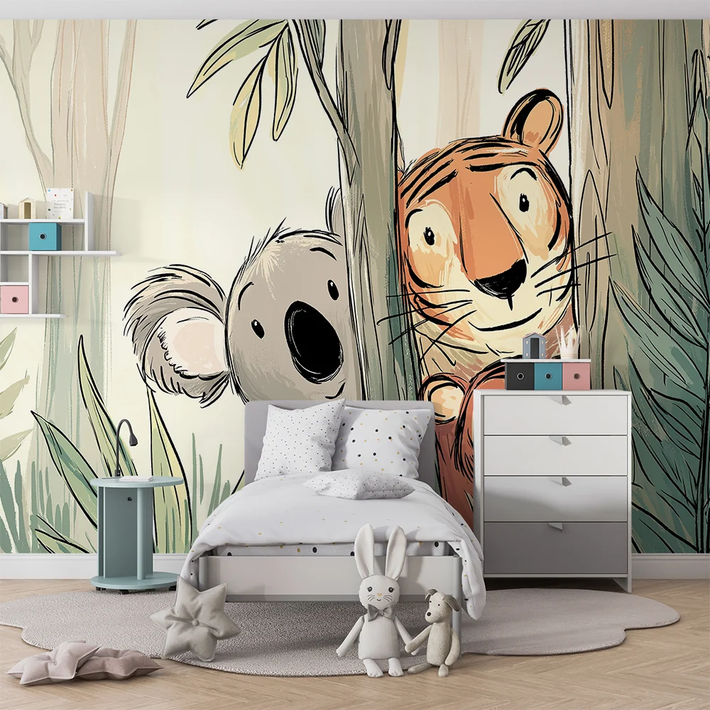 Kinderzimmer Tapete | Dschungeltiere Koala, Tiger und kleiner Affe