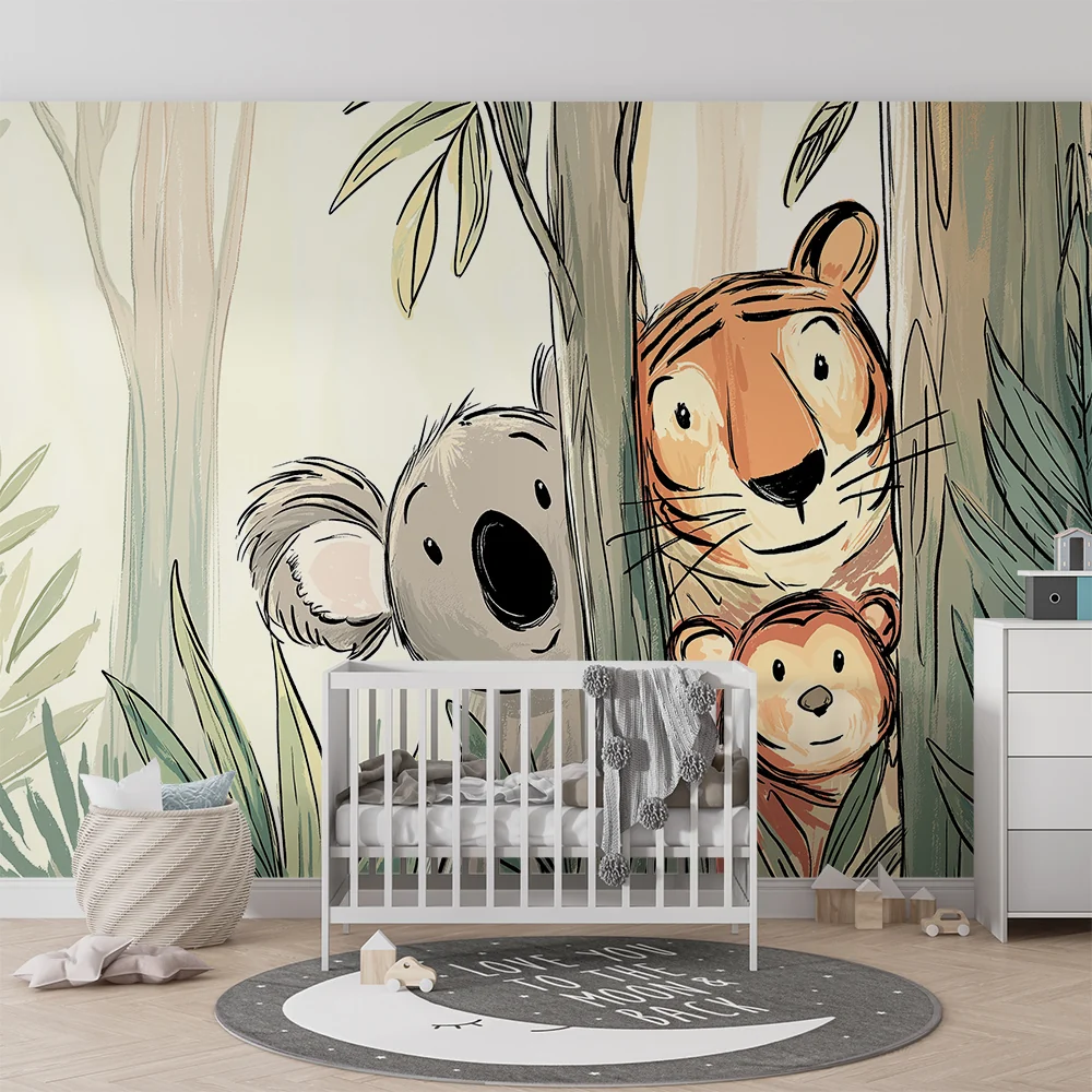 Kinderzimmer Tapete | Dschungeltiere Koala, Tiger und kleiner Affe
