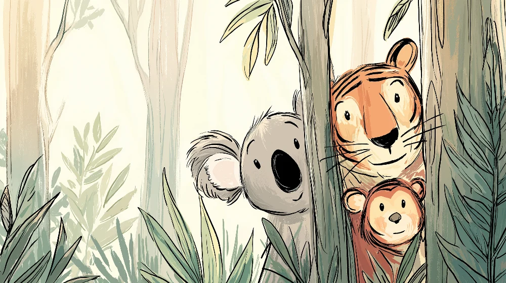 Kinderzimmer Tapete | Dschungeltiere Koala, Tiger und kleiner Affe