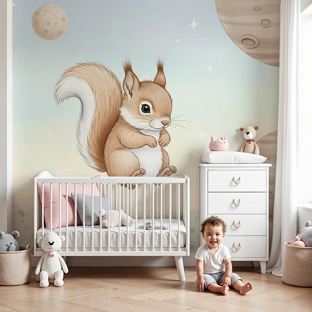 Kinderzimmer Tapete | Eichhörnchen im Weltraum