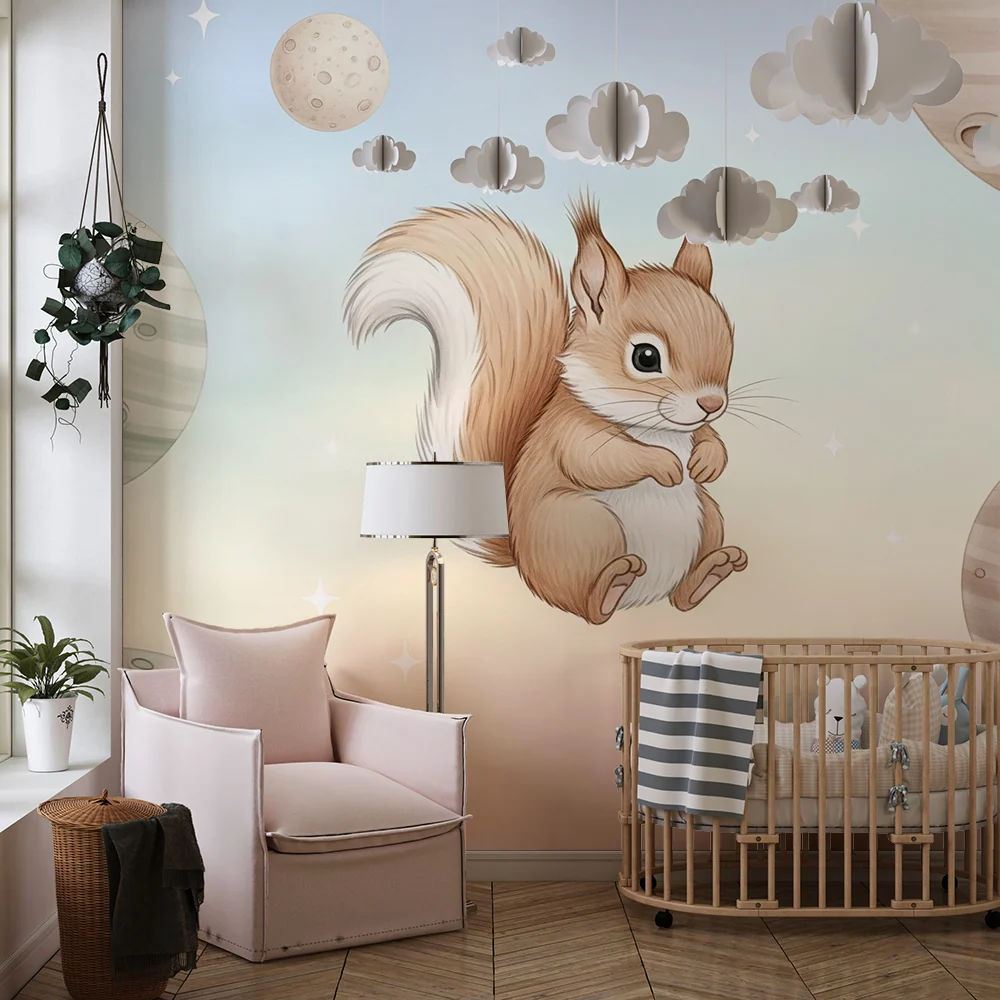 Kinderzimmer Tapete | Eichhörnchen im Weltraum
