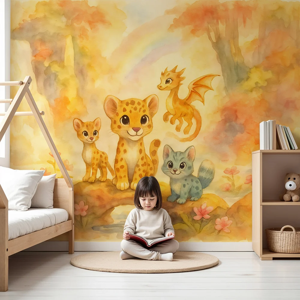 Kinderzimmer Tapete | Fantastische Tiere und Regenbogen