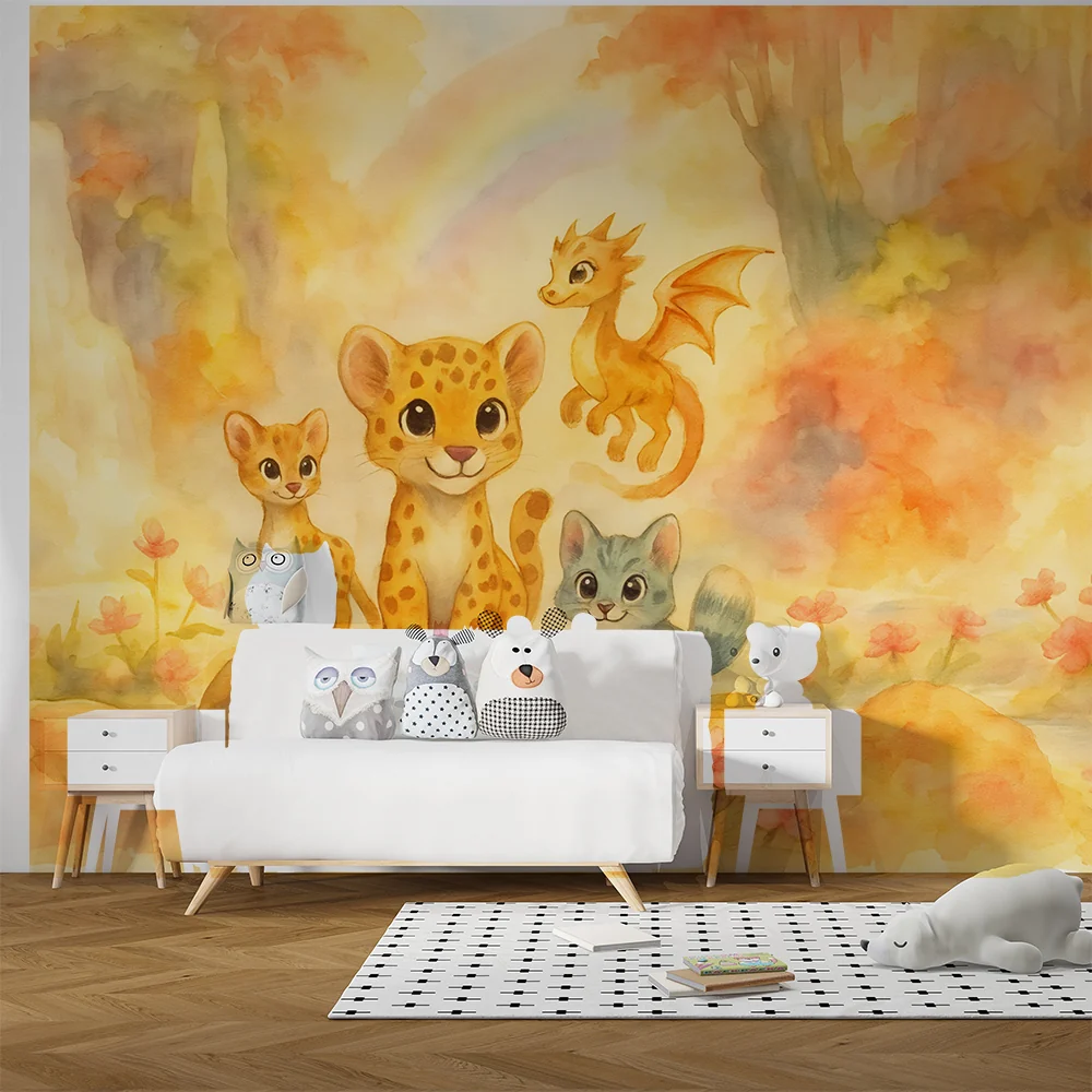 Kinderzimmer Tapete | Fantastische Tiere und Regenbogen