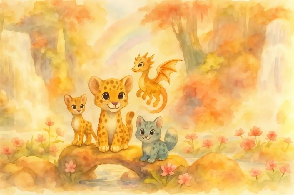 Kinderzimmer Tapete | Fantastische Tiere und Regenbogen