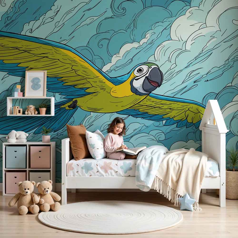 Kinderzimmer Tapete | Fliegender Papagei und Wolken
