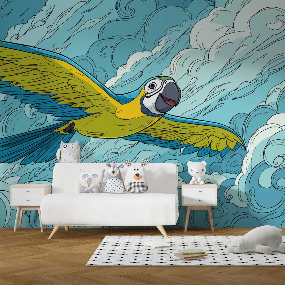 Kinderzimmer Tapete | Fliegender Papagei und Wolken