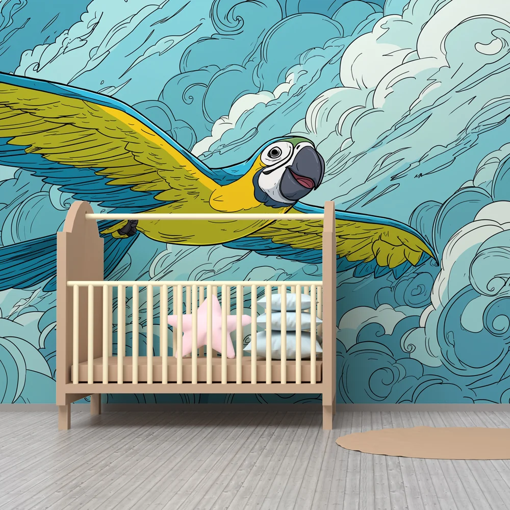 Kinderzimmer Tapete | Fliegender Papagei und Wolken