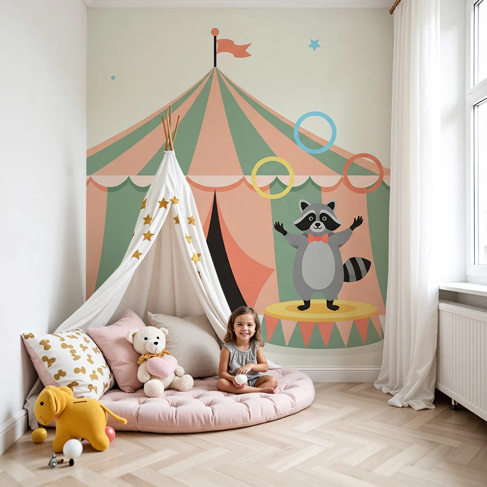 Kinderzimmer Tapete | Fröhlicher Zirkus mit einem Waschbären