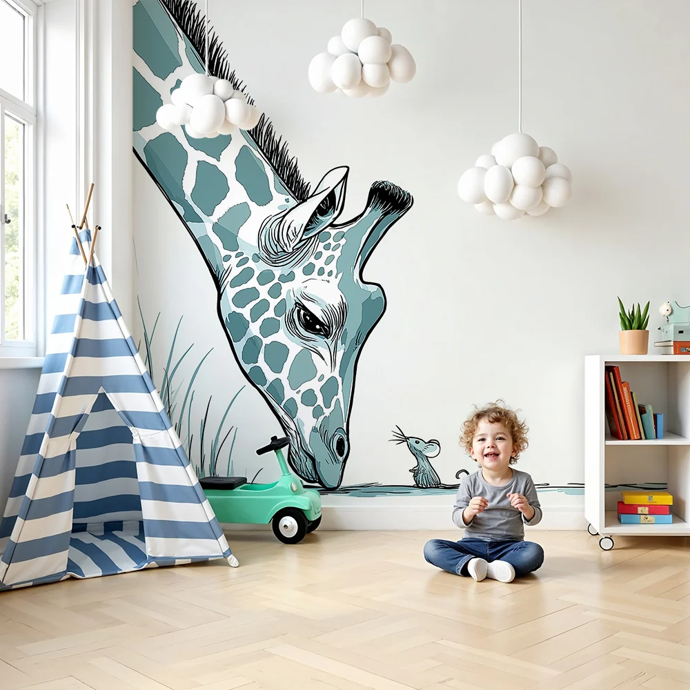 Kinderzimmer Tapete | Giraffe und Maus am Wasserufer