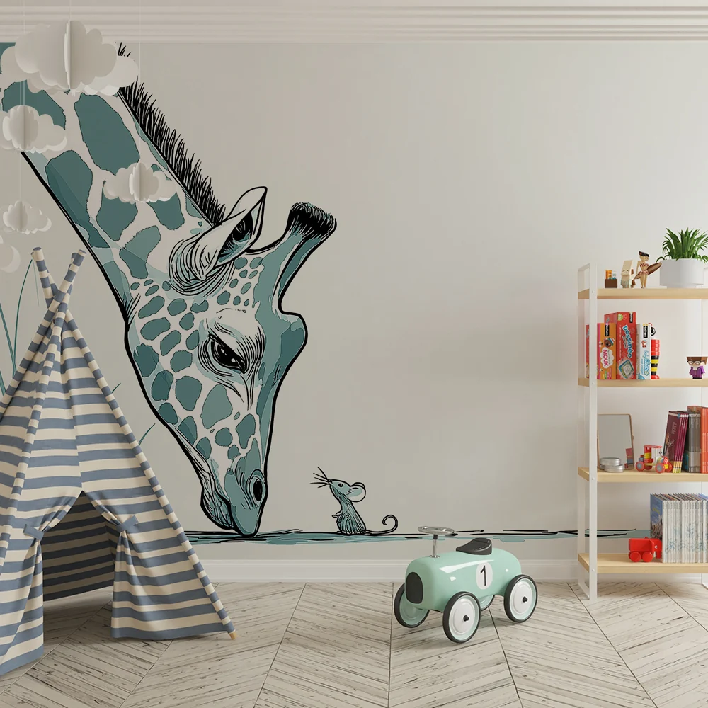 Kinderzimmer Tapete | Giraffe und Maus am Wasserufer