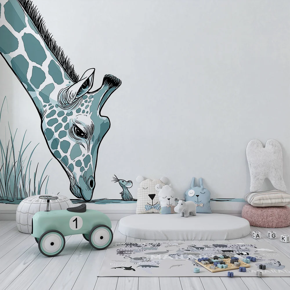 Kinderzimmer Tapete | Giraffe und Maus am Wasserufer