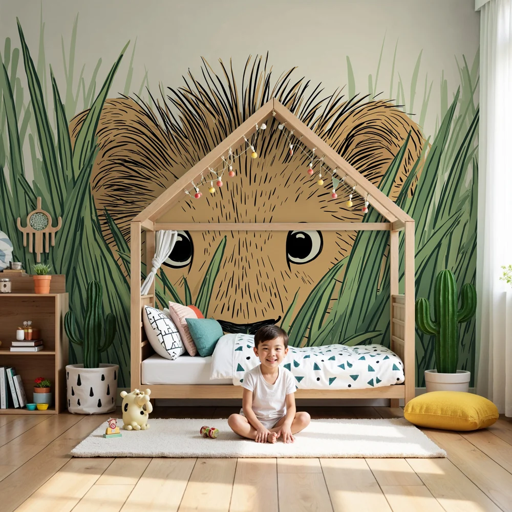 Kinderzimmer Tapete | Kleiner Löwe im hohen Gras