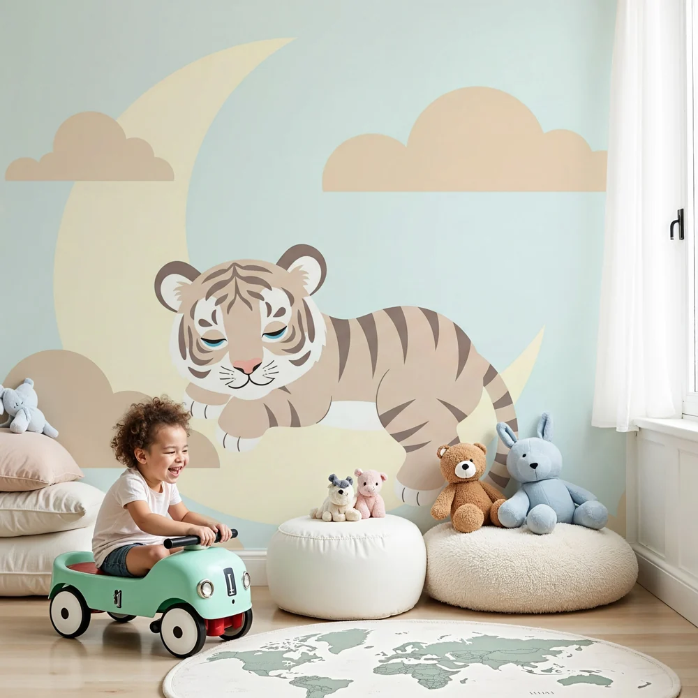 Kinderzimmer Tapete | Kleiner Tiger auf dem Mond
