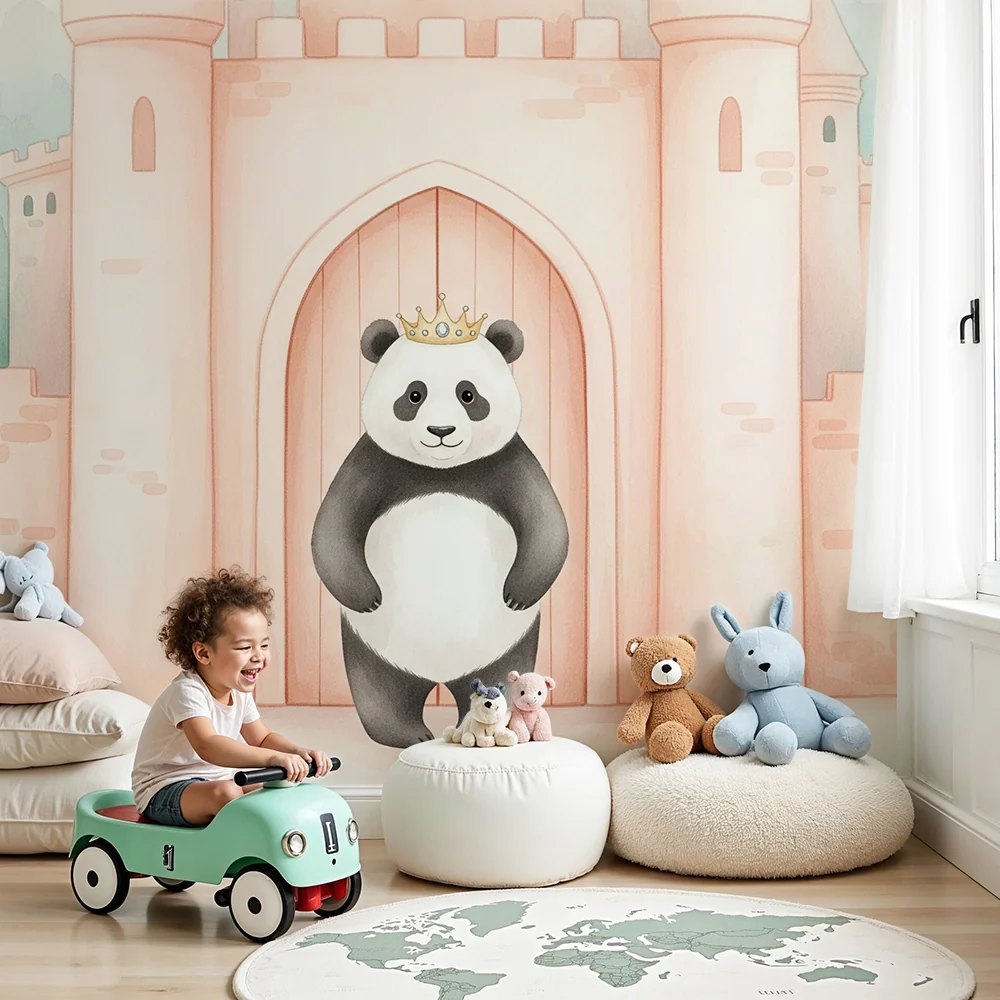 Kinderzimmer Tapete | Königlicher Panda vor einem Schloss