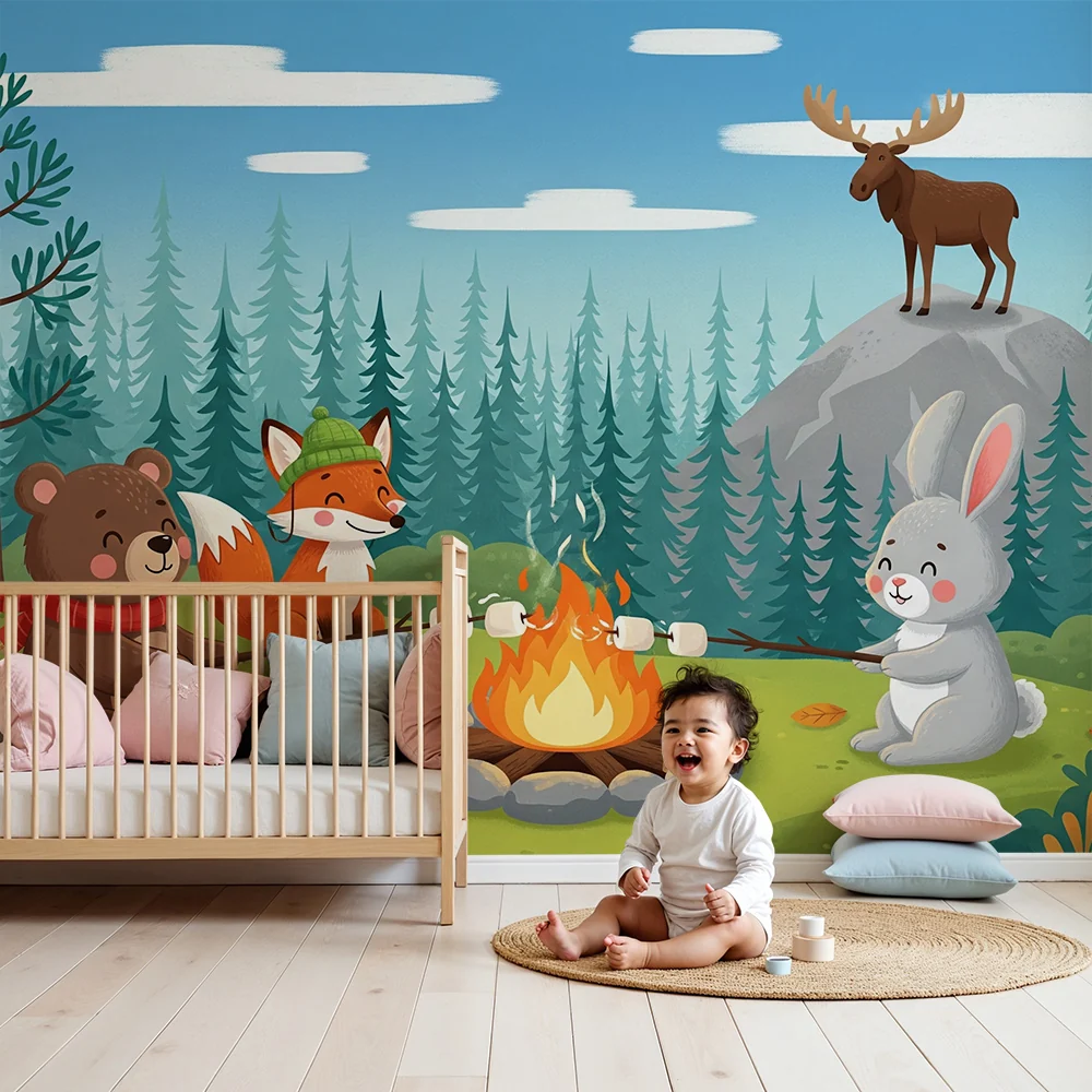 Kinderzimmer Tapete | Lächelnde Tiere um ein Lagerfeuer herum