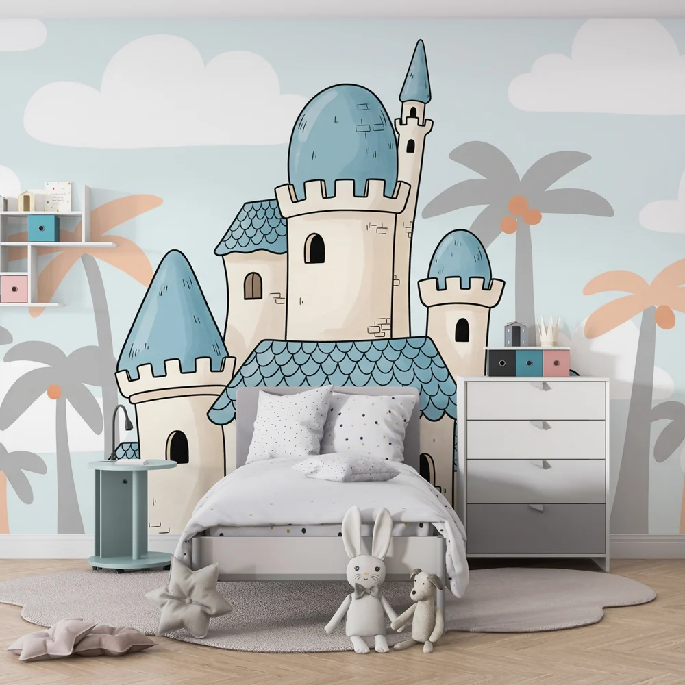 Kinderzimmer Tapete | Magisches Schloss und Kokospalmen