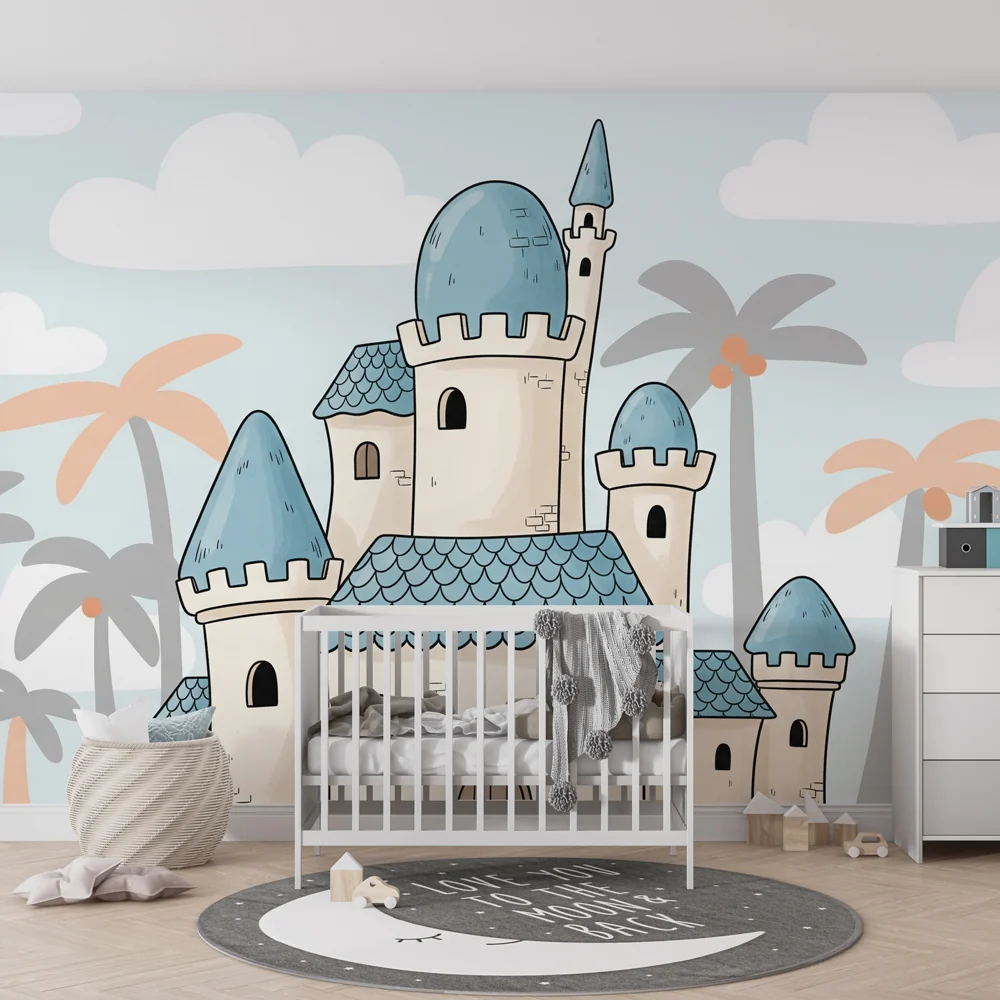 Kinderzimmer Tapete | Magisches Schloss und Kokospalmen
