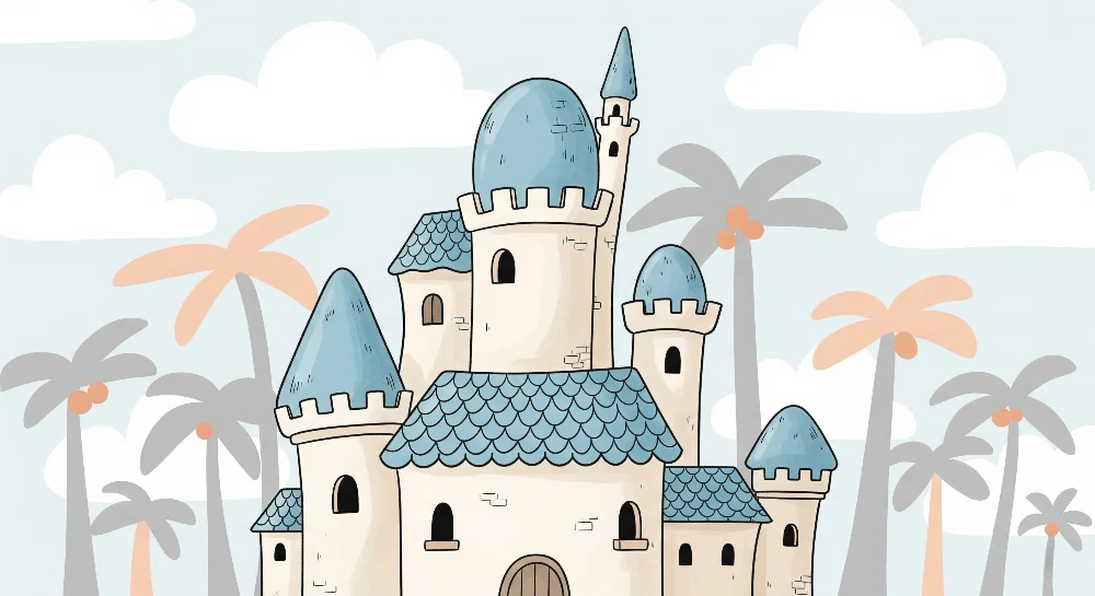 Kinderzimmer Tapete | Magisches Schloss und Kokospalmen