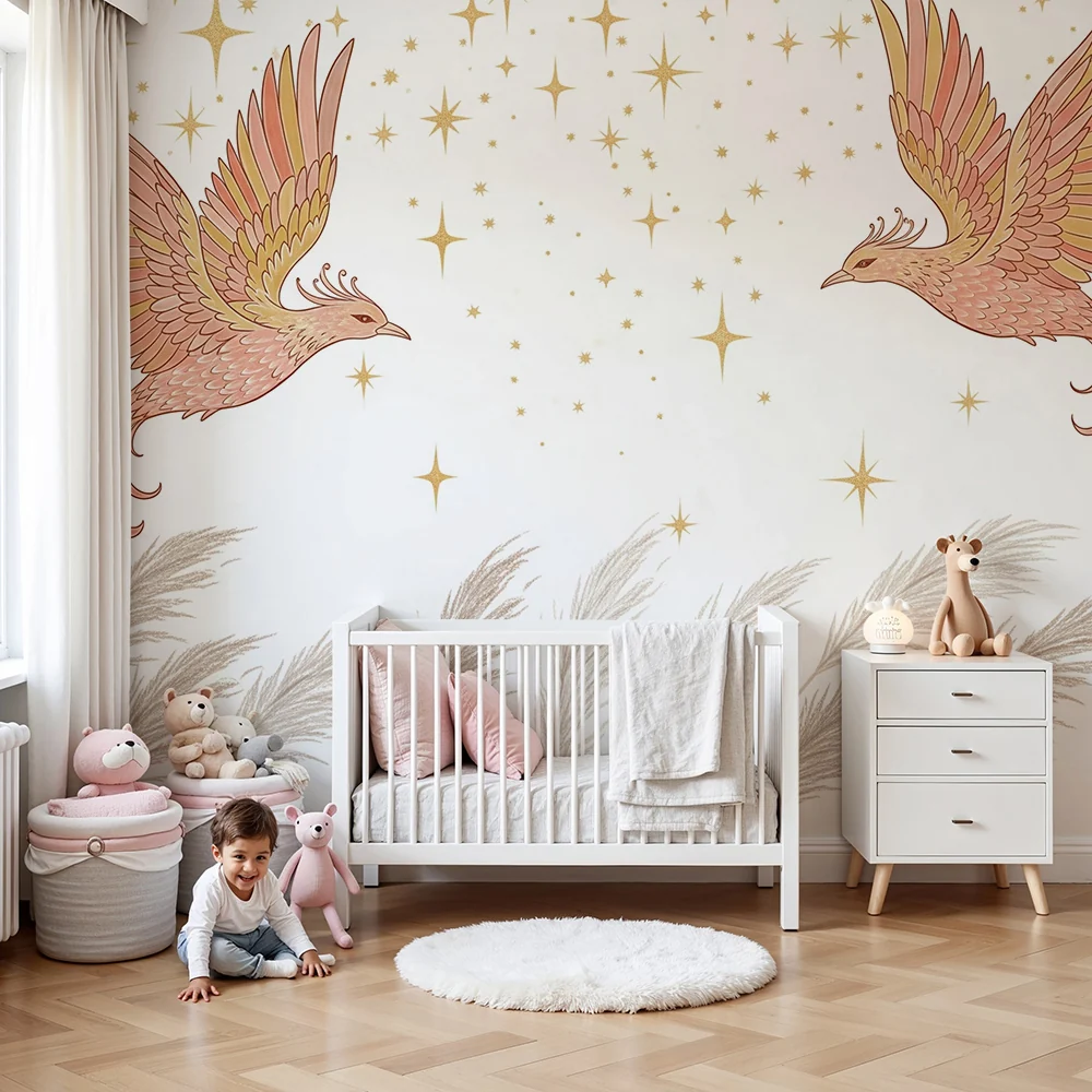 Kinderzimmer Tapete | Majestätische Vögel und glitzernde Sterne