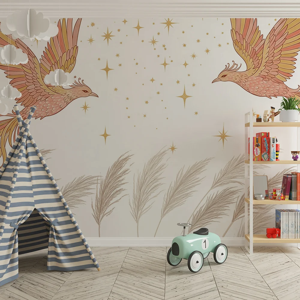 Kinderzimmer Tapete | Majestätische Vögel und glitzernde Sterne