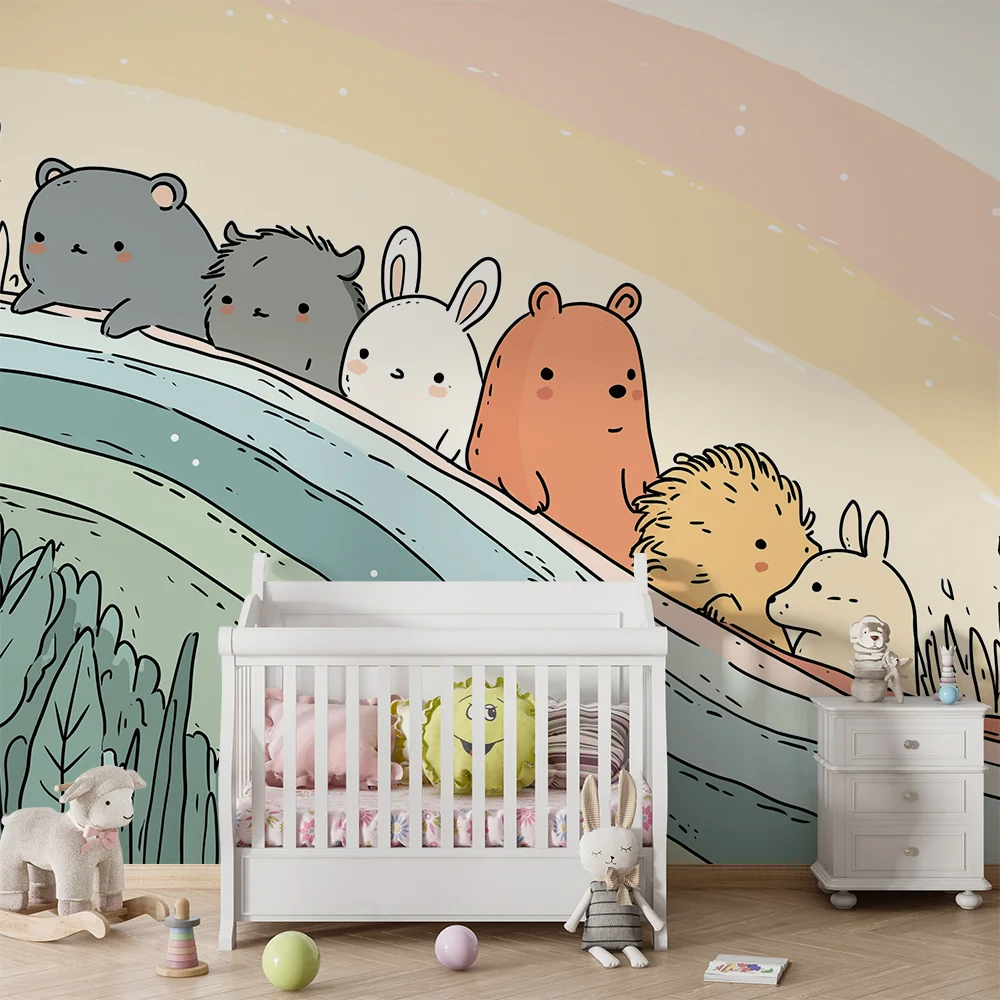 Kinderzimmer Tapete | Niedliche Tiere auf einem bunten Regenbogen