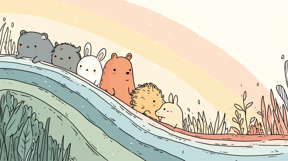 Kinderzimmer Tapete | Niedliche Tiere auf einem bunten Regenbogen