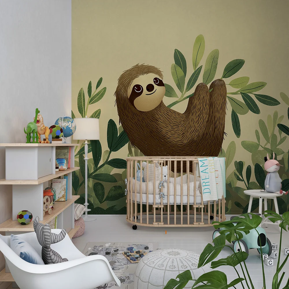 Kinderzimmer Tapete | Niedlicher Faultier einem grünen Dschungel