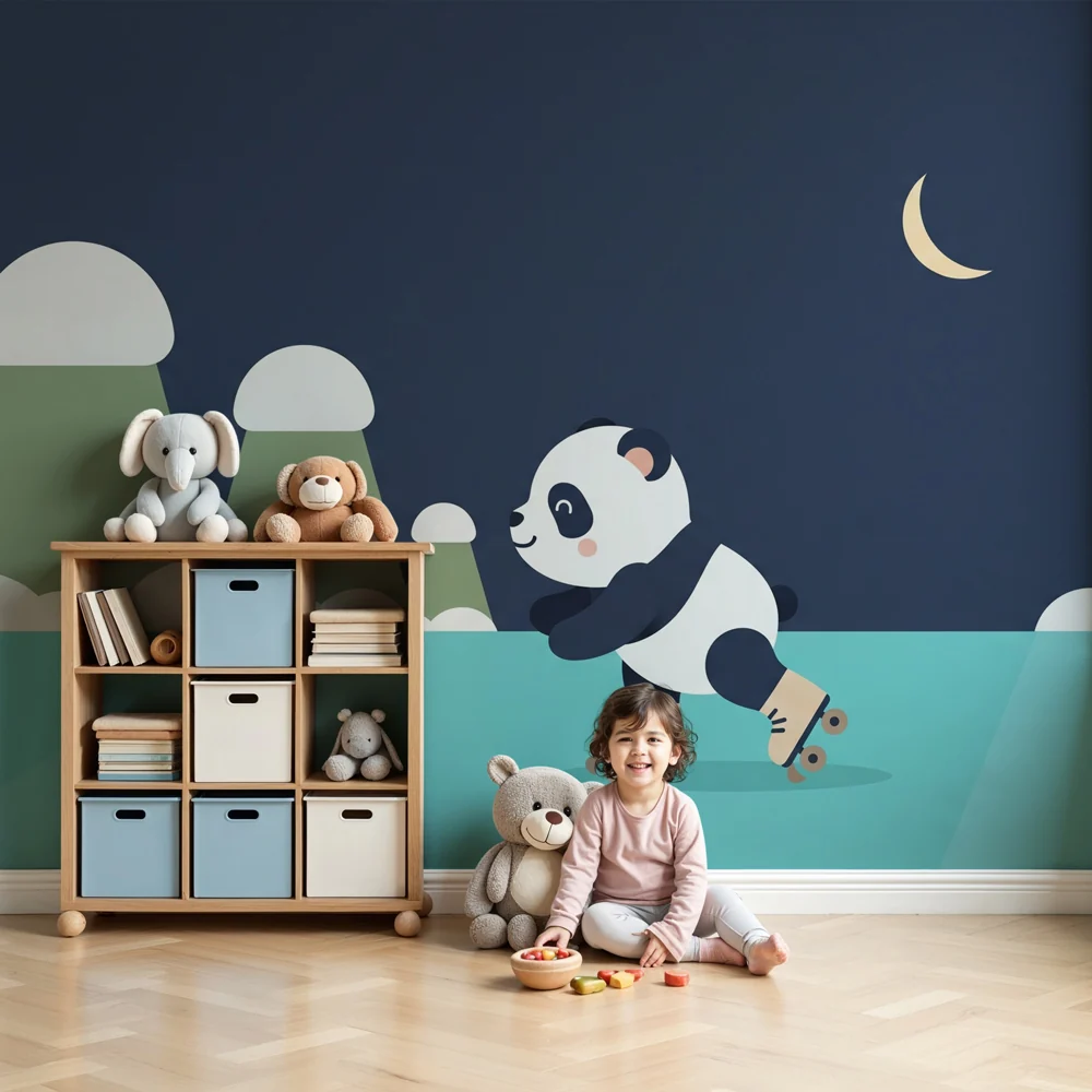 Kinderzimmer Tapete | Panda, der unter den Sternen Schlittschuh läuft