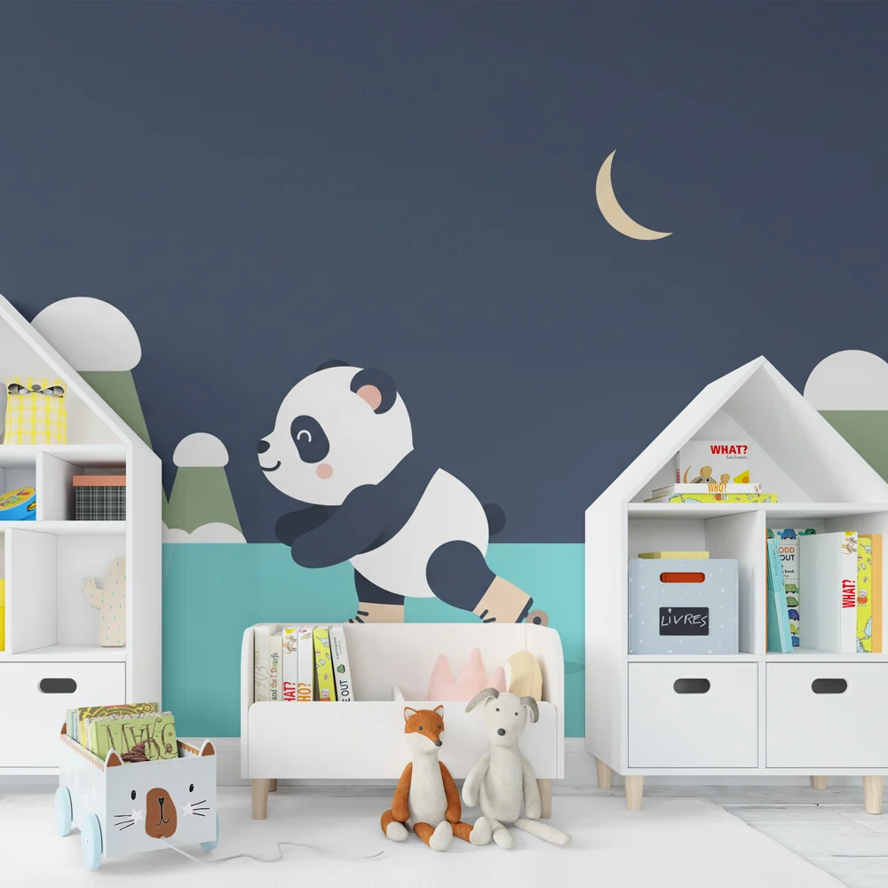 Kinderzimmer Tapete | Panda, der unter den Sternen Schlittschuh läuft