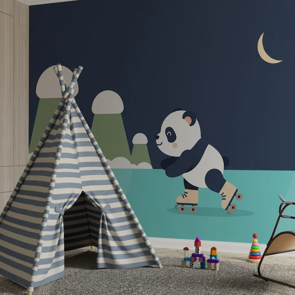 Kinderzimmer Tapete | Panda, der unter den Sternen Schlittschuh läuft