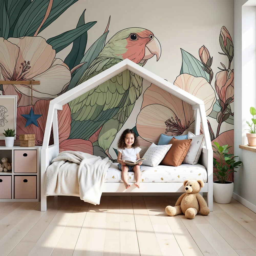 Kinderzimmer Tapete | Papagei und zarte Blumen